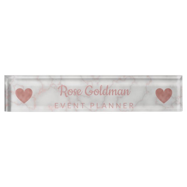 Modern Rose Gold Marble Stone Girly Luxury Desk Name Plate (Front)