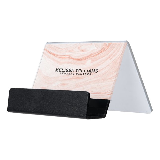 Modern Rose-Gold Marble Swirls Stone Texture Desk Business Card Holder (Angled Front)
