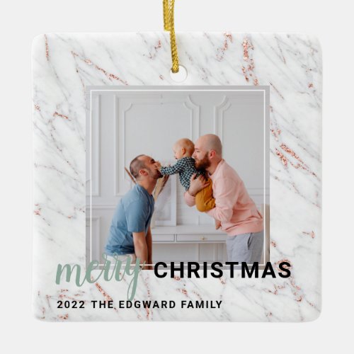 Modern rose gold marble teal Christmas photo Ceramic Ornament