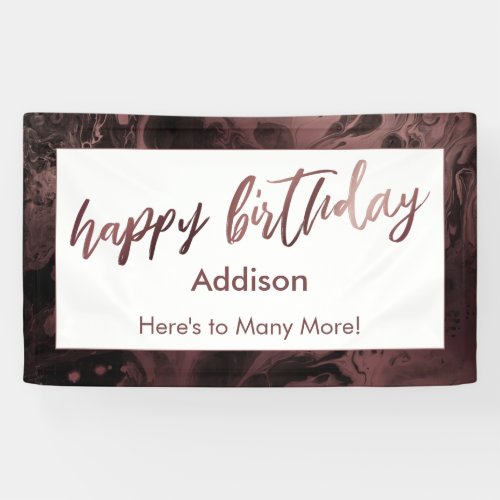 Modern Rose Gold Marbled Black Happy Birthday Banner