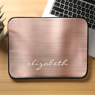 Modern Rose Gold Metallic Handwriting Monogram Laptop Sleeve