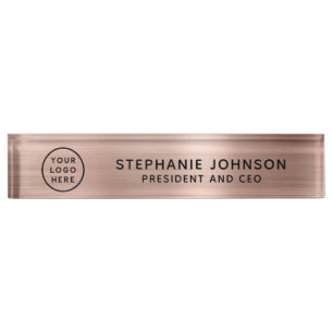 Modern Rose Gold Metallic Logo Boss Lady CEO Desk Name Plate
