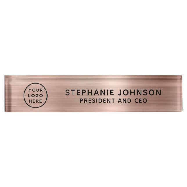 Modern Rose Gold Metallic Logo Boss Lady CEO Desk Name Plate (Front)