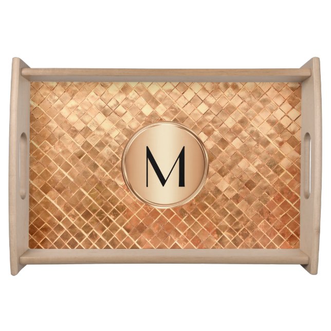 Modern Rose Gold Metallic Look and Monogram Serving Tray (Front)
