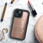 Modern Rose Gold Metallic Personalized Script iPhone 13 Case<br><div class="desc">This trendy phone case features a modern background design of rose gold faux brushed metal foil. Personalize it with your name running vertically up the right side in white handwriting script.</div>