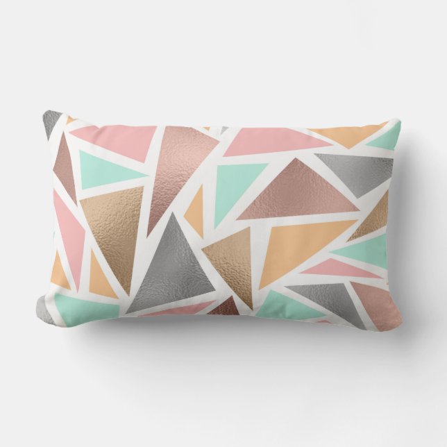 Modern Rose Gold Mint Metallic Triangles Geometric Lumbar Pillow (Front)