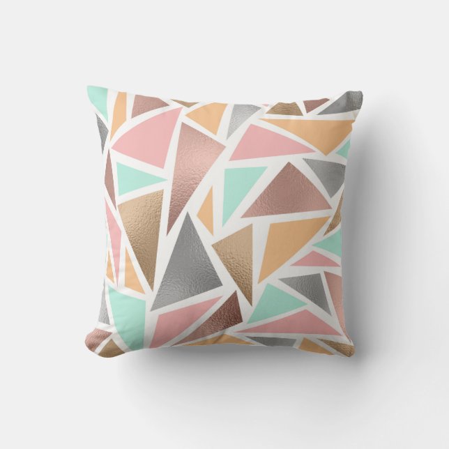 Modern Rose Gold Mint Metallic Triangles Geometric Outdoor Pillow (Front)