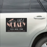 Modern Rose Gold Mobile Notary Loan Signing Agent Car Magnet<br><div class="desc">Elegant,  trendy business car magnet for notary loan signing agent featuring faux foil rose gold handwritten calligraphy script '' mobile notary'' on a black background. Personalize with your details.</div>