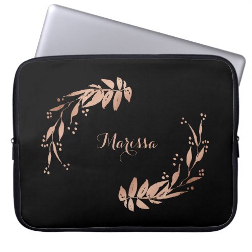 Modern Rose Gold Monogram Botanical Sprigs  Black Laptop Sleeve