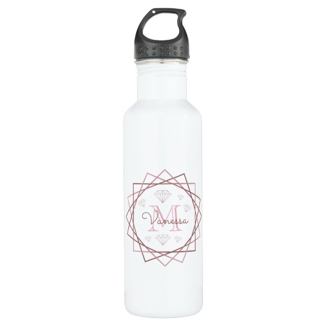 Modern Rose Gold Monogram Geometric Stainless Steel Water Bottle (Front)