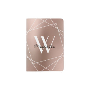 Modern Rose Gold Monogram Metallic Script Name Passport Holder