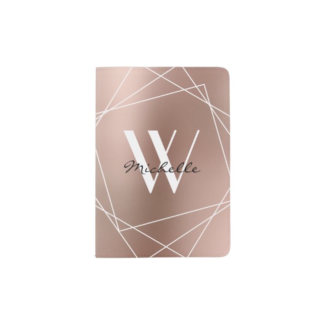 Modern Rose Gold Monogram Metallic Script Name Passport Holder (Front)