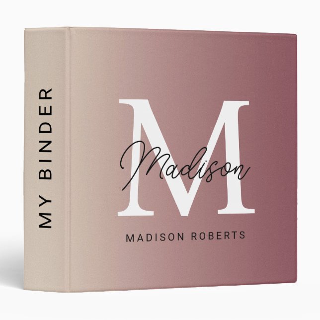 Modern Rose Gold Monogram Name  3 Ring Binder (Front/Spine)