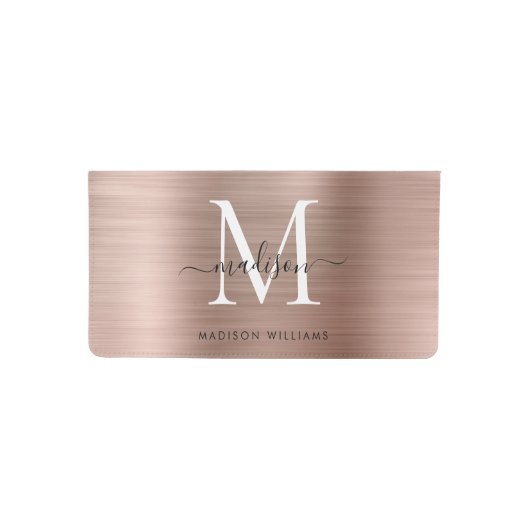 Modern Rose Gold Monogram Script Brushed Metal Checkbook Cover (Front)