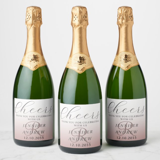 Modern Rose Gold Monogram Wedding Favor Sparkling Wine Label (Bottles)