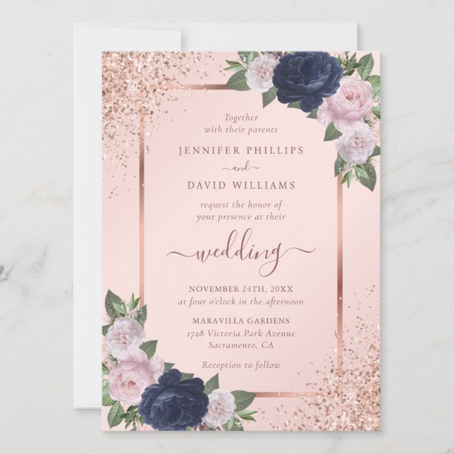 Modern Rose Gold Navy Blue Blush Floral Wedding Invitation (Front)