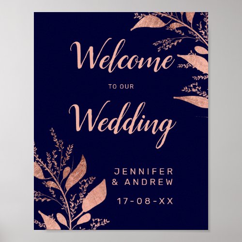 Modern rose gold navy blue branch wedding welcome poster