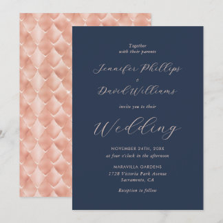 Modern Rose Gold Navy Blue Elegant Script Wedding Invitation