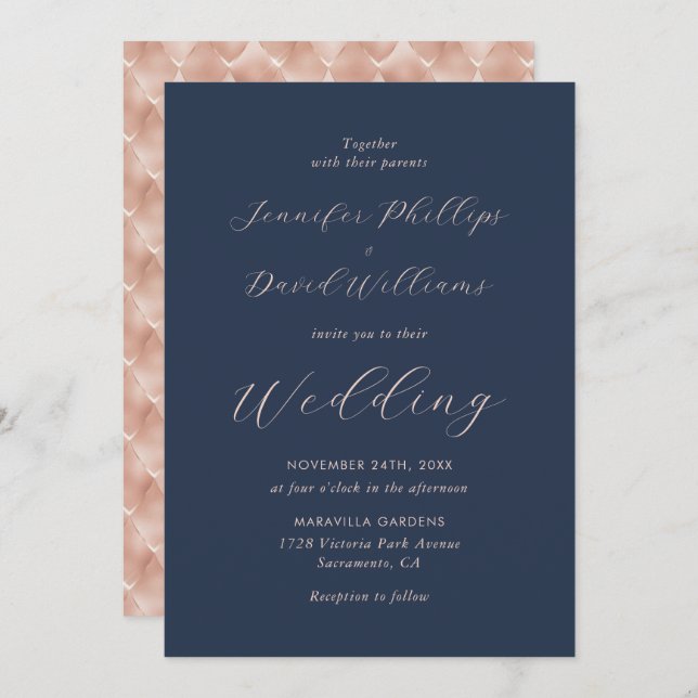 Modern Rose Gold Navy Blue Elegant Script Wedding Invitation (Front/Back)