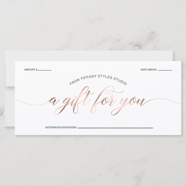 Modern Rose Gold & Navy Blue Gift Certificate (Front)