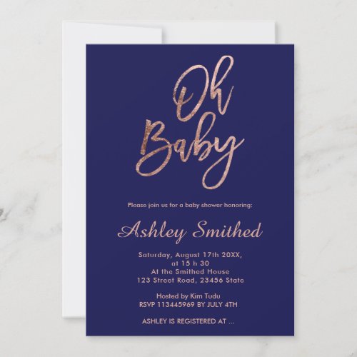 Modern rose gold navy blue Oh baby shower Invitation