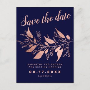 Modern rose gold navy blue save the date wedding announcement postcard