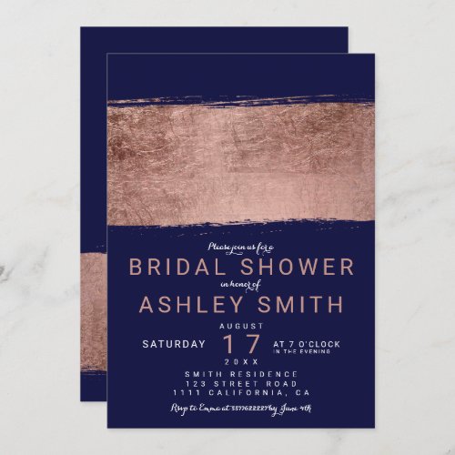 Modern rose gold navy brushstroke Bridal shower Invitation