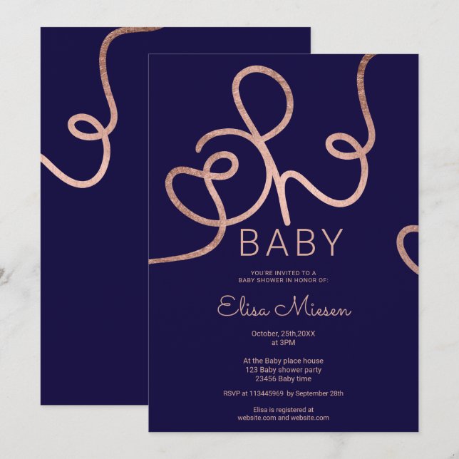 Modern rose gold navy calligraphy Oh baby shower Invitation (Front/Back)