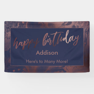 Modern Rose Gold & Navy Marbled Happy Birthday Banner