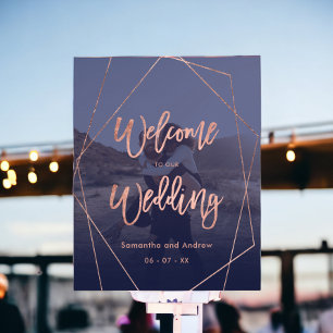 Modern rose gold navy photo welcome wedding poster