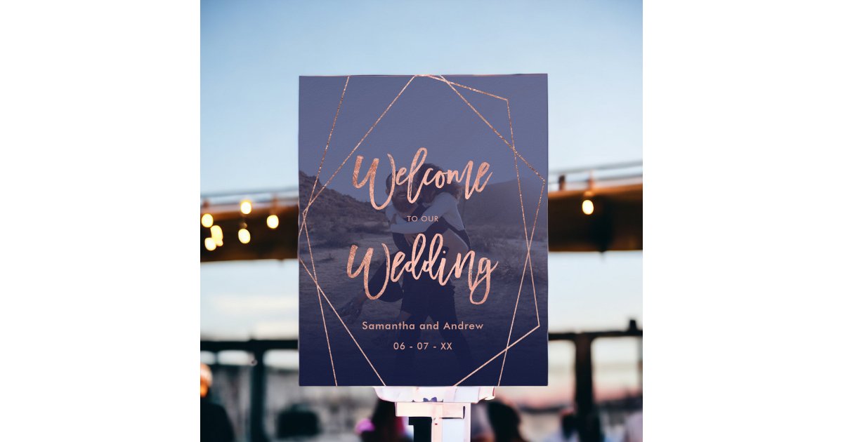 Modern rose gold navy photo welcome wedding poster | Zazzle
