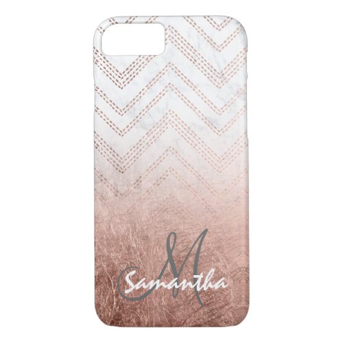 Modern rose gold ombre chevron marble monogram iPhone 87 case