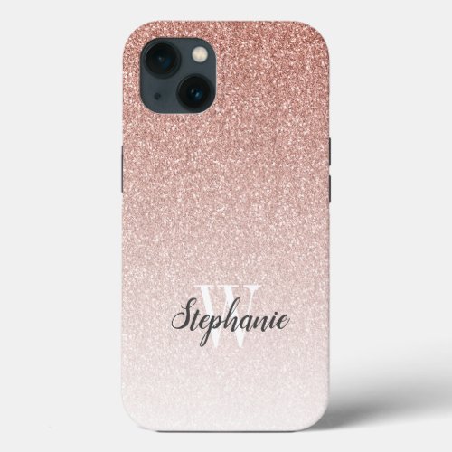 Modern Rose Gold Ombre Glitter Monogram iPhone 13 Case