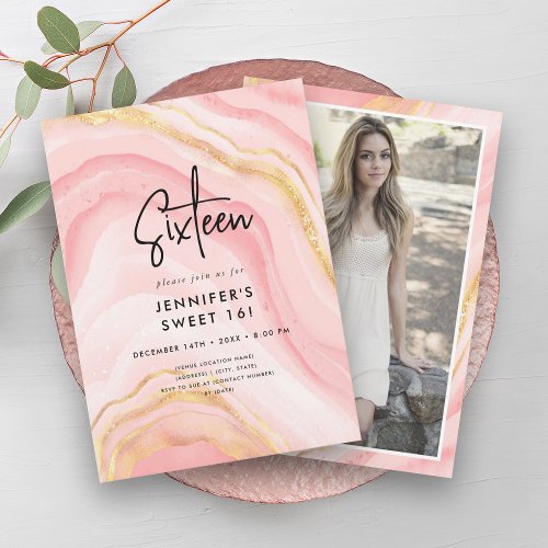 Modern Rose Gold Ombre Marble Photo Sweet 16  Invitation