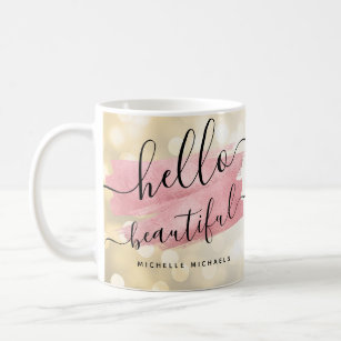 Hello Lovely Coffee Mug for Women - Cute Rose Pink and Gold Cups