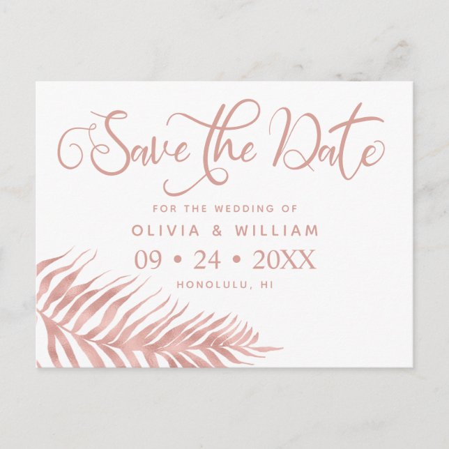 Modern Rose Gold Palm Leaf Wedding Announcement Postcard (Front)
