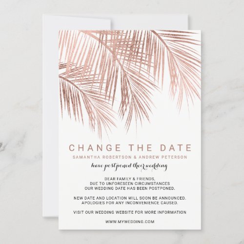 Modern rose gold palm tree elegant change the date save the date