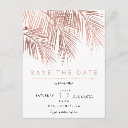 Modern rose gold palm tree elegant save the date announcement postcard