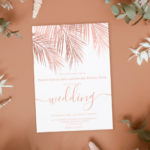 Modern rose gold palm tree elegant script wedding invitation