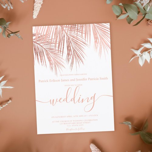 Modern rose gold palm tree elegant script wedding invitation