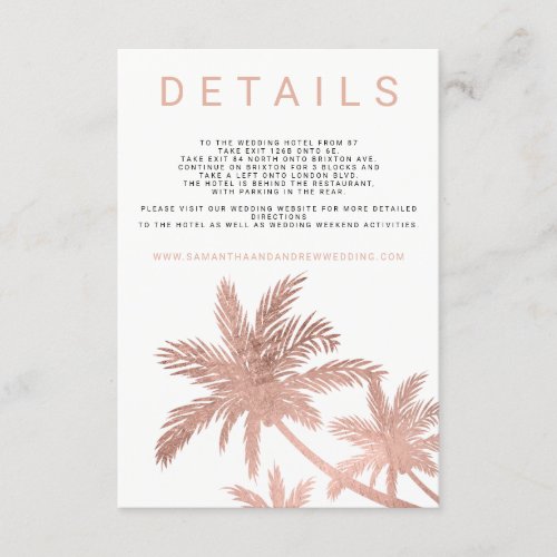 Modern rose gold palm tree elegant wedding details enclosure card