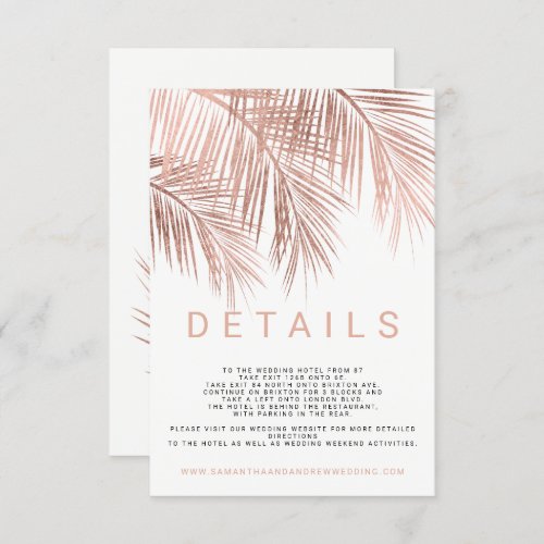 Modern rose gold palm tree elegant wedding details enclosure card