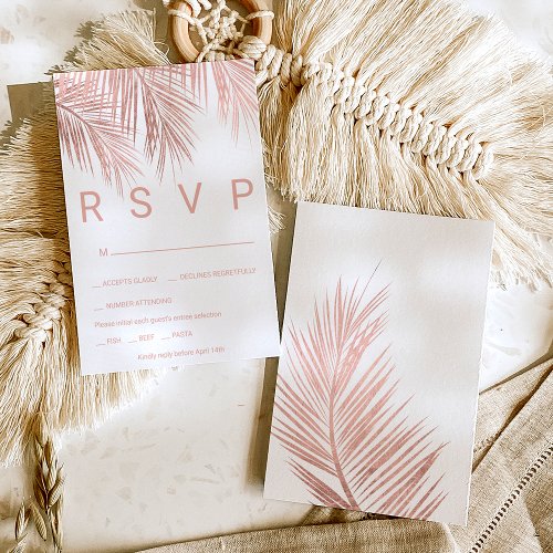 Modern rose gold palm tree food RSVP wedding