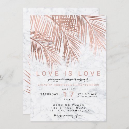 Modern rose gold palm tree marble lesbian wedding invitation