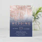 Modern rose gold palm tree navy marble wedding invitation (Standing Front)