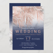 Modern rose gold palm tree navy marble wedding invitation (Front/Back)