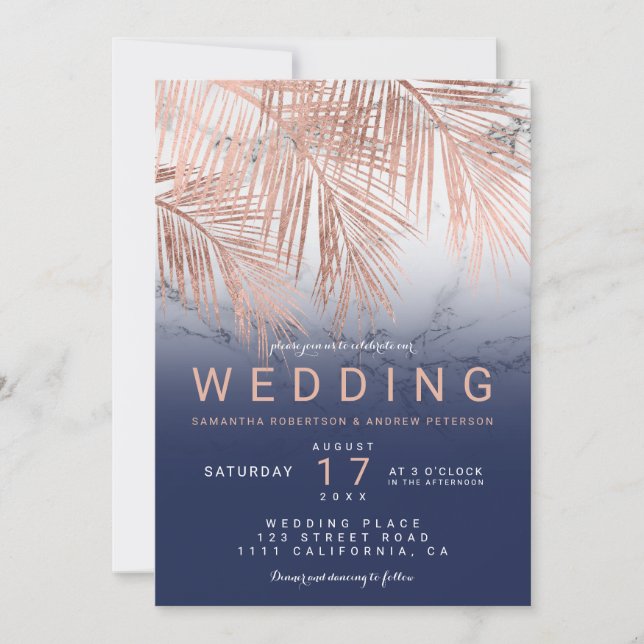 Modern rose gold palm tree navy marble wedding invitation (Front)