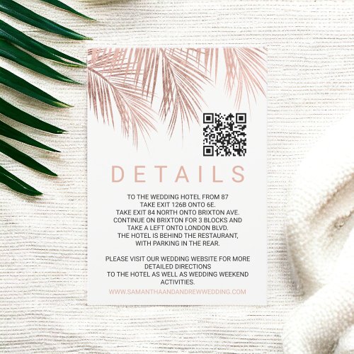 Modern rose gold palm tree Qr code wedding details Enclosure Card