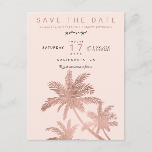 Modern rose gold palm trees blush save the date announcement postcard