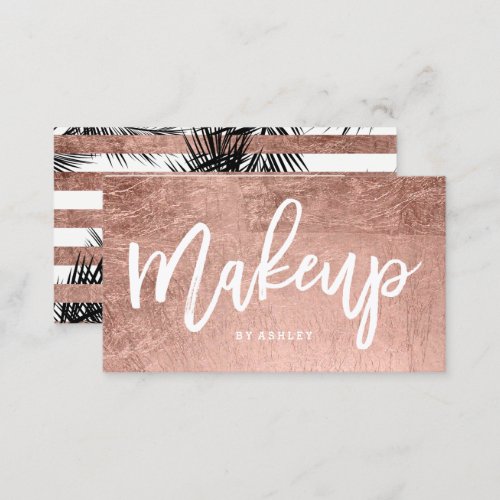 Modern rose gold palm trees chic makeup typography business card